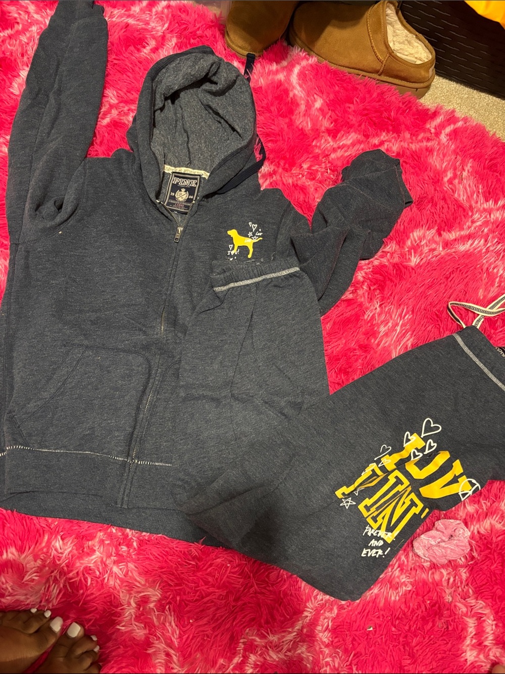 PINK Victoria's Secret Navy Hoodie & Sweatpants Set with Yellow Logo